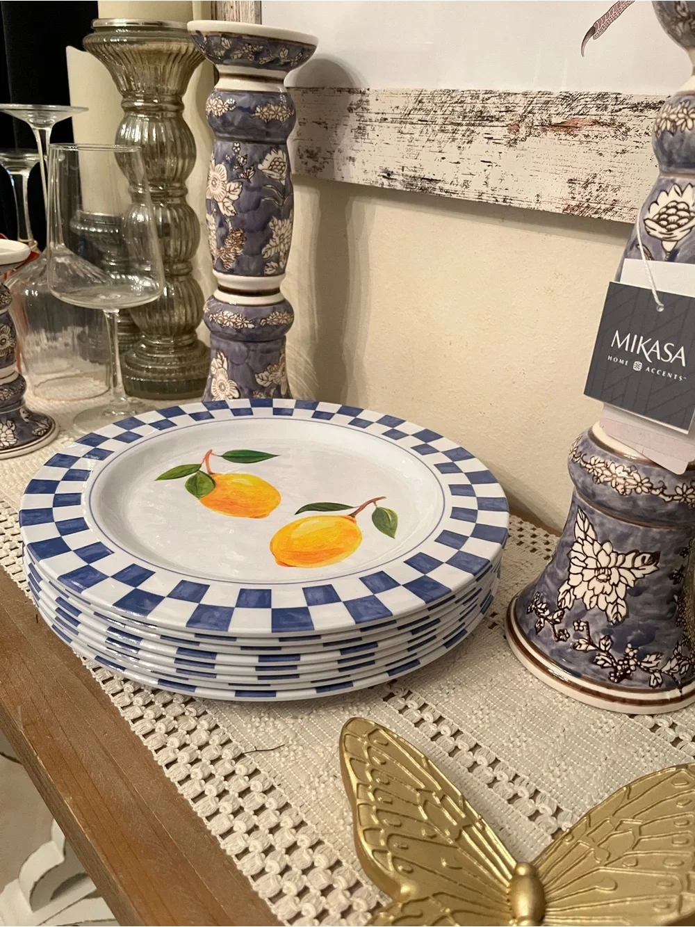 Blue Check & Lemon Melamine Dinner Plate - White/Blue/Yellow